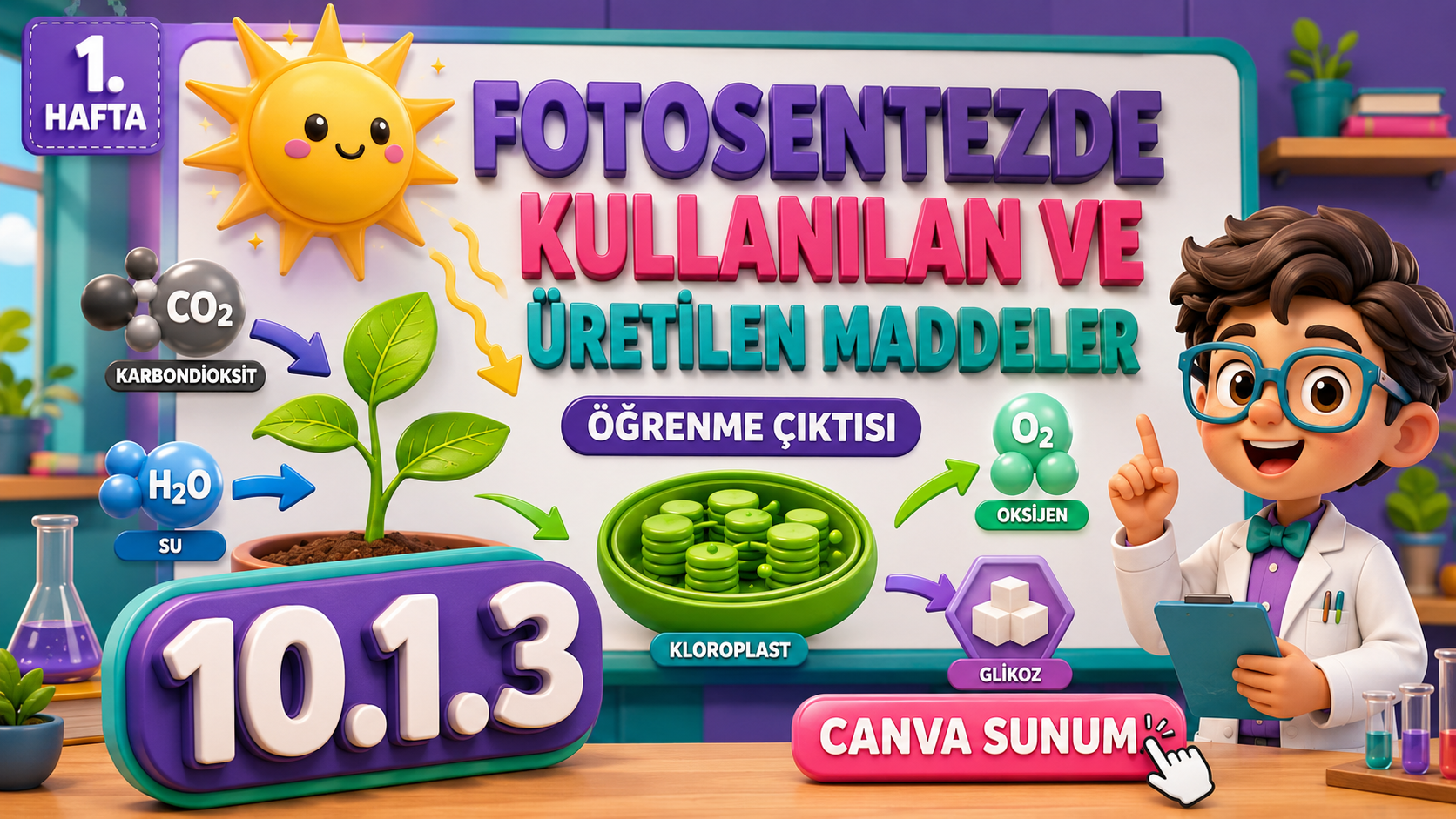 BİY.10.1.3. Fotosentezde kullanılan ve üretilen maddelerle ilgili deney yapabilme a) - Canva Linki kapak görseli
